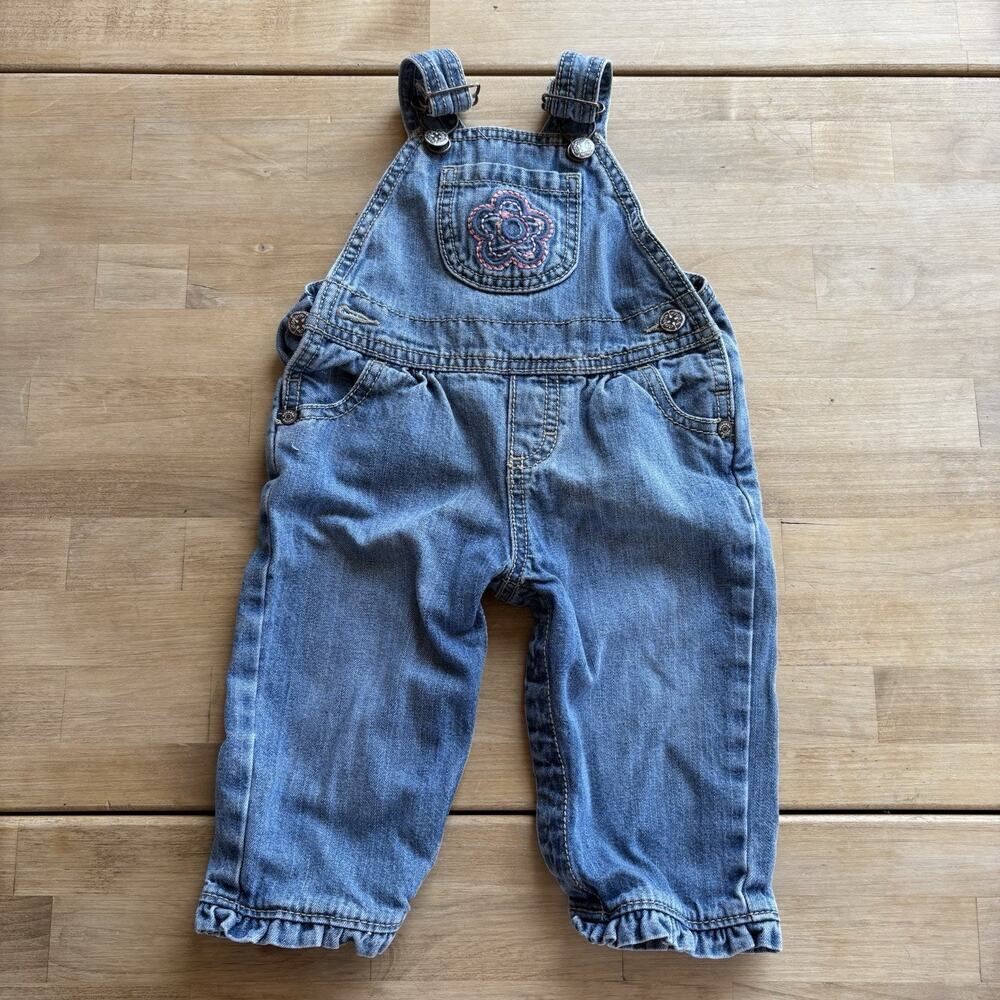 OshKosh B'gosh Overalls Vestbak Sz 9 M Girls Bib Floral Flower Blue Embroidered